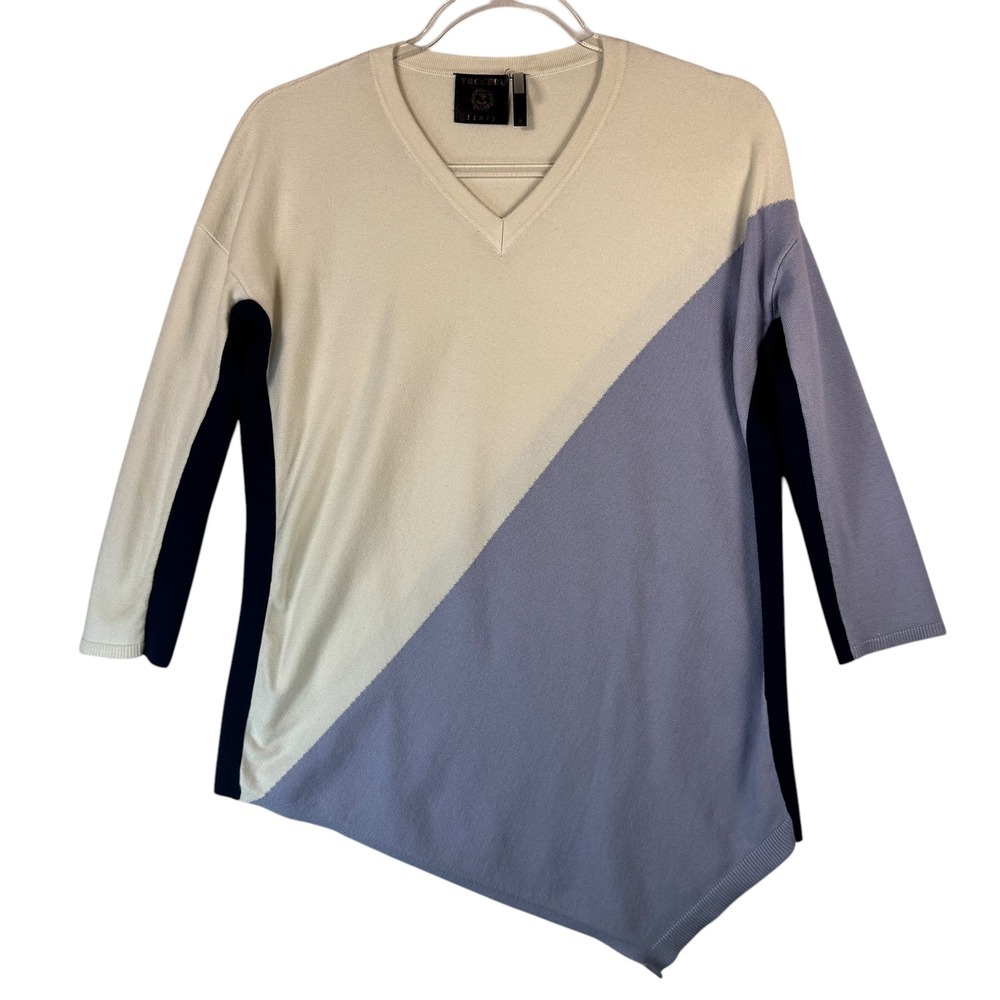 Vecceli Italy Color Block V-Neck Knit Top Asymmetric Hem Sweater M Spring Office